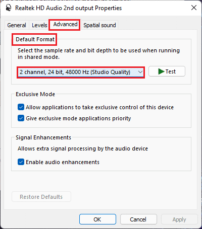 în fila Avansat, faceți clic pe meniul derulant pentru opțiunea Format implicit în proprietățile dispozitivului audio Realtek HD Setări panou de control sunet Windows 11