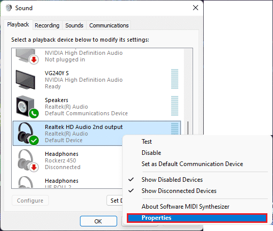 klik kanan pada perangkat audio hd realtek dan pilih Properties di tab Sound Playback Windows 11