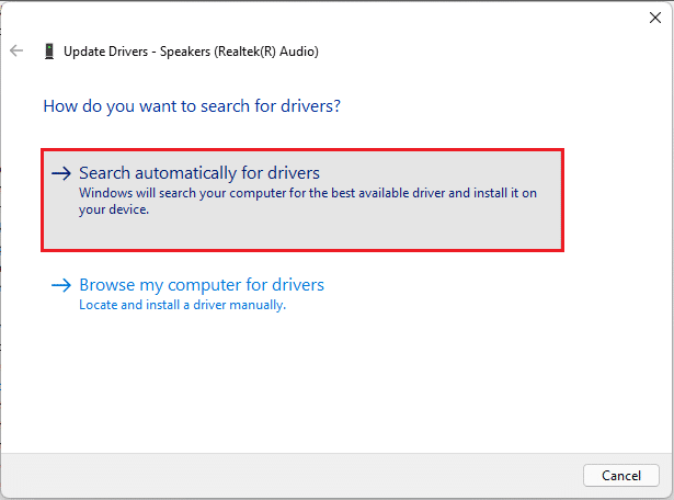 clique em Pesquisar automaticamente por drivers no assistente de atualização de driver de áudio Realtek