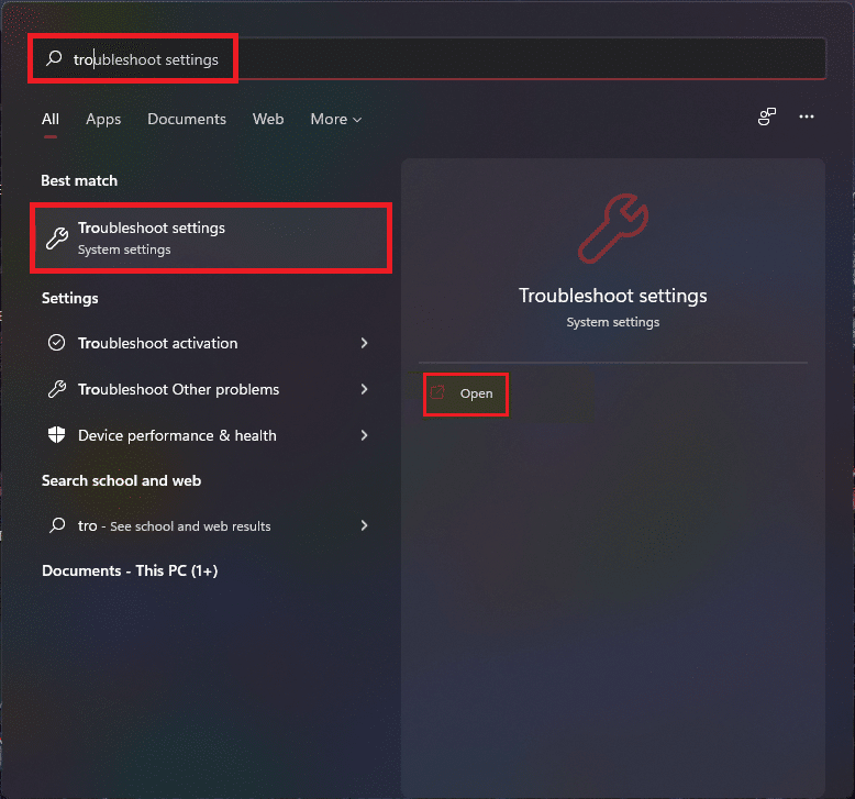 abra as configurações de solução de problemas no menu de pesquisa do Windows 11