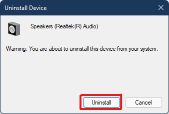 cliquez sur Désinstaller dans l'invite de confirmation de désinstallation du périphérique pour supprimer le pilote audio realtek Windows 11