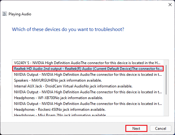 pilih perangkat audio di Pemecah masalah pemutaran audion dan klik Next Windows 11