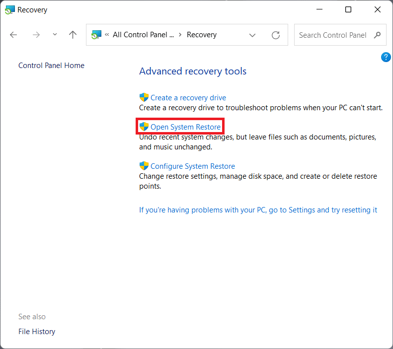 cliquez sur Ouvrir la restauration du système dans la fenêtre de récupération