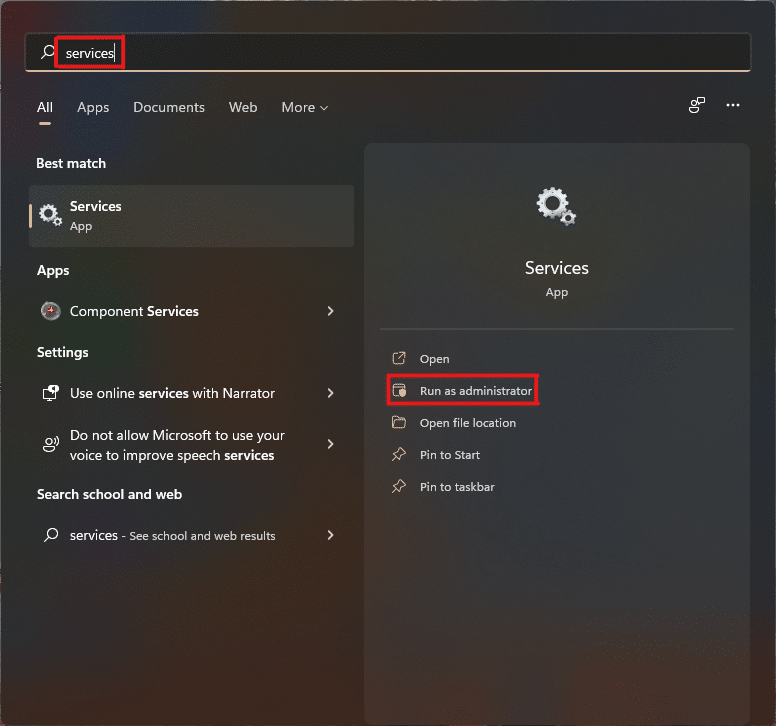 buka layanan dari menu pencarian windows 11