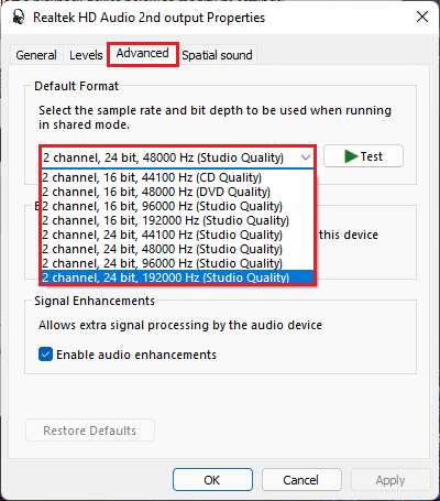 selecione o formato de melhor qualidade na guia avançada das propriedades do dispositivo de áudio Realtek hd Windows 11