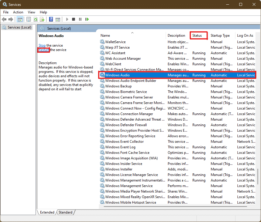 selectați serviciul audio Windows și faceți clic pe opțiunea Restart în fereastra de servicii Windows 11