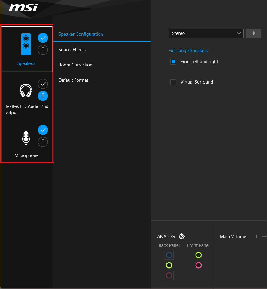 selezionare il dispositivo nella console audio Realtek