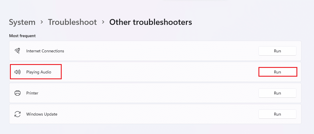 kliknij przycisk Uruchom, aby wyświetlić narzędzie do rozwiązywania problemów z odtwarzaniem dźwięku Windows 11