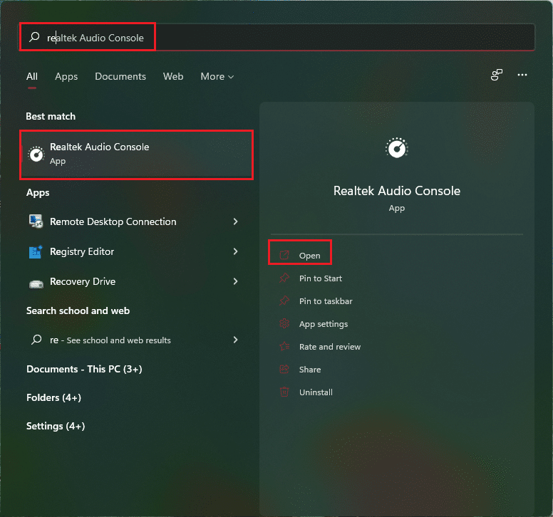 otwórz konsolę audio realtek za pomocą menu wyszukiwania systemu Windows 11