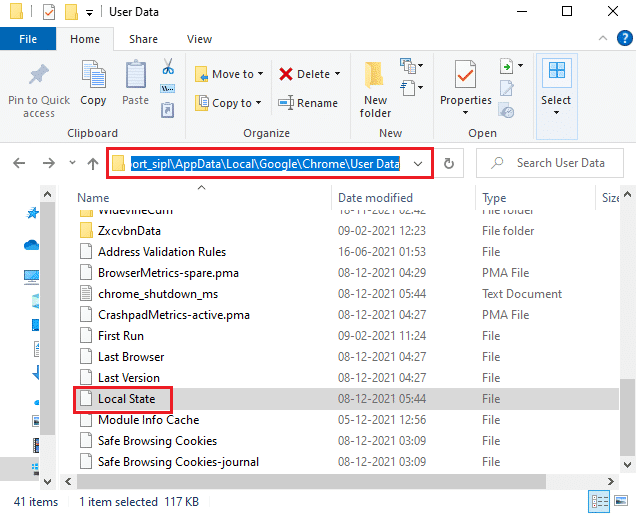 elimine el archivo de estado local yendo a la carpeta de datos de la aplicación local de datos de usuario de Google Chrome