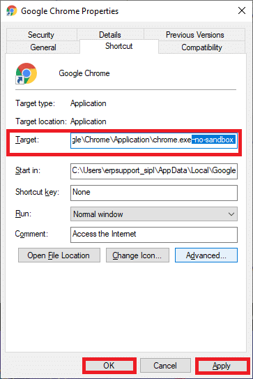 Di sini, ketik no sandbox di akhir teks. Perbaiki Kesalahan Profil Chrome