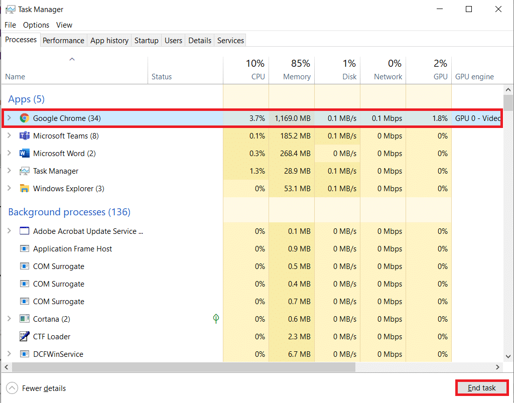 akhiri proses krom. Perbaiki Kesalahan Profil Chrome