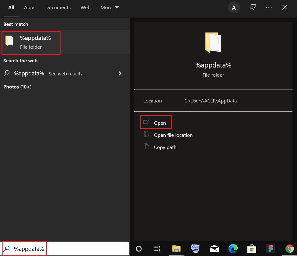 luncurkan folder appdata dari bilah pencarian Windows. Perbaiki Kesalahan Profil Chrome