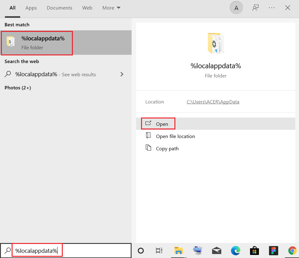 buka folder localappdata dari bilah pencarian Windows