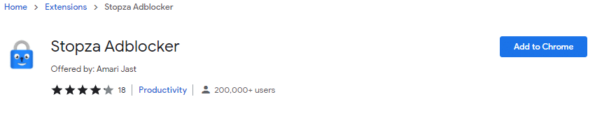 Stopza AdBlocker ใน Chrome เว็บสโตร์