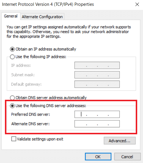 انقر فوق استخدام عناوين خادم DNS التالية للتمكين. إصلاح عفوًا حدث خطأ ما على YouTube