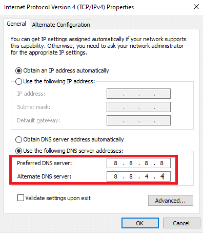 Imposta il server DNS preferito e il server DNS alternativo: