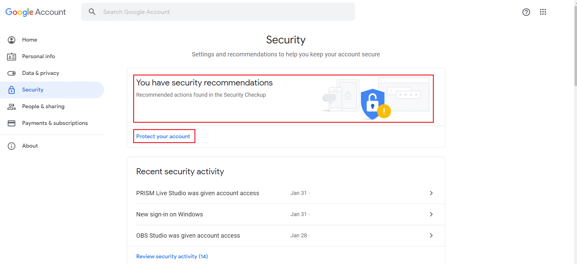 fai clic su proteggi il tuo account se sono presenti consigli sulla sicurezza nel menu di sicurezza degli account Google