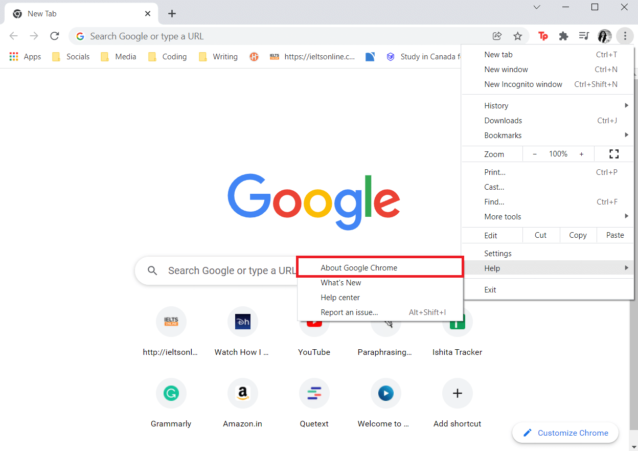 Нажмите «О Google Chrome». Исправить ошибку «Ой, что-то пошло не так» на YouTube