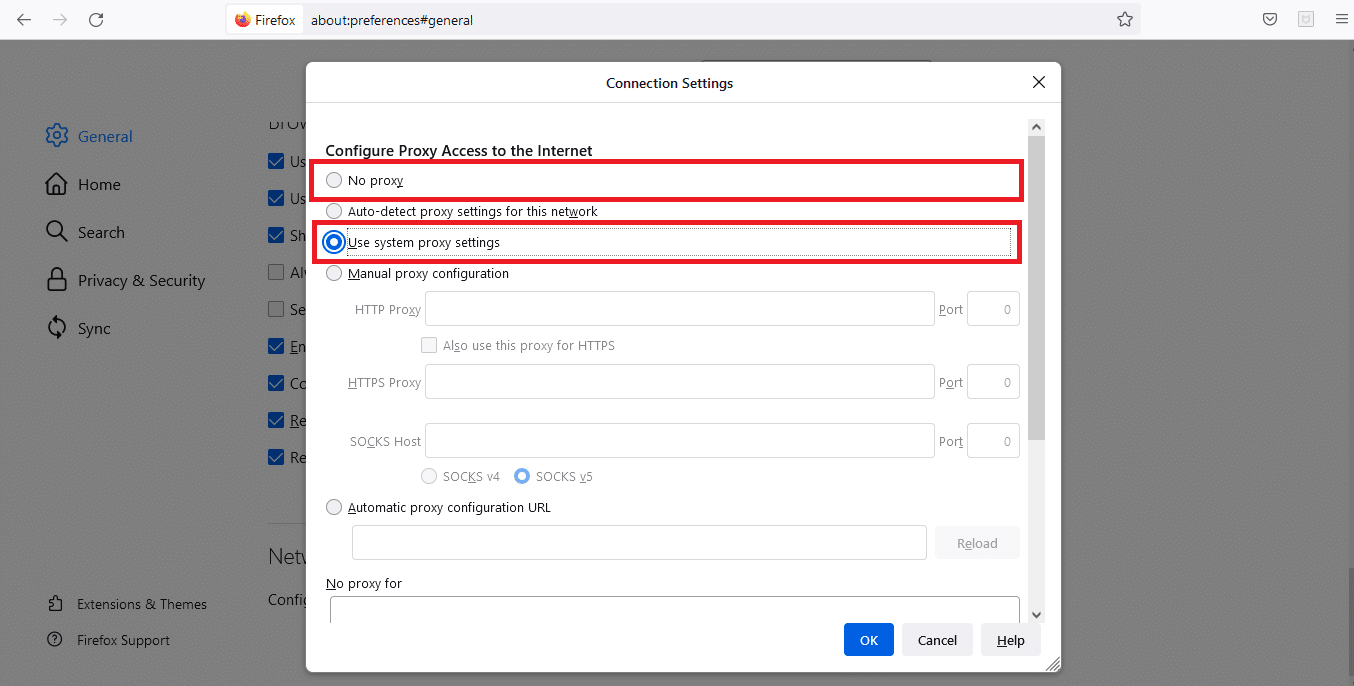 เลือก No proxy หรือใช้ system proxy settings