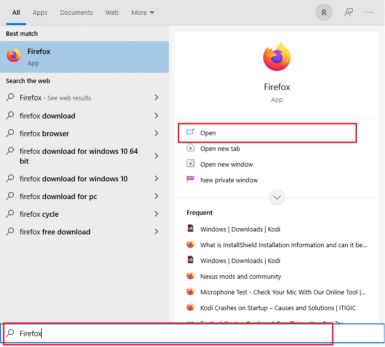 În meniul Start, tastați Firefox și faceți clic pe Deschidere în panoul din dreapta