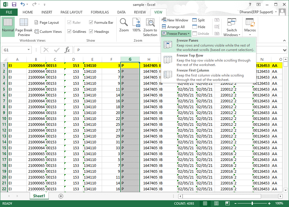 Se você deseja congelar a coluna F, selecione a coluna G e siga as etapas abaixo | Como congelar uma linha no Excel e congelar uma coluna no Excel