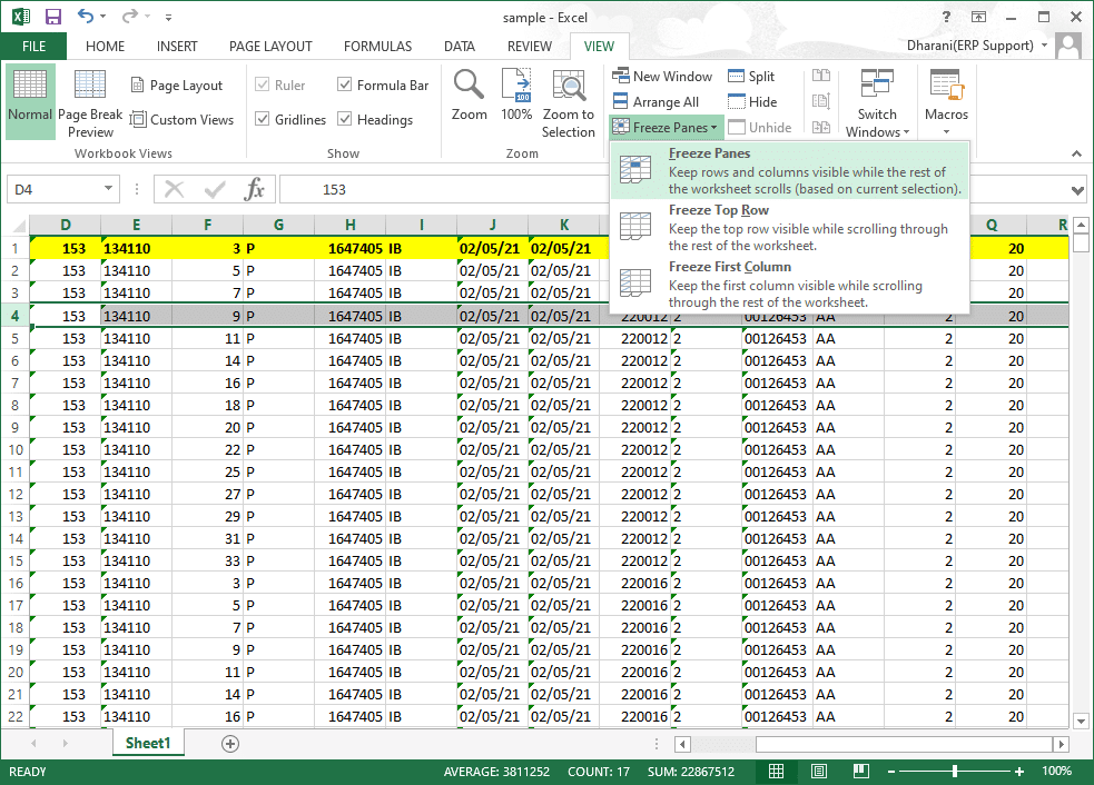 quando você rolar para baixo, a linha 1, a linha 2, a linha 3 permanecerão no mesmo local e o restante da planilha será rolado.