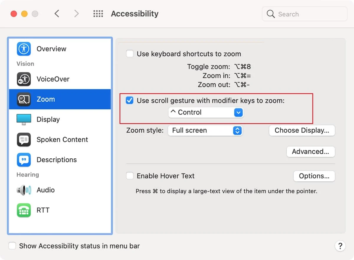 Activez Utiliser le geste de défilement avec les touches de modification pour zoomer. Comment effectuer un zoom arrière dans Minecraft