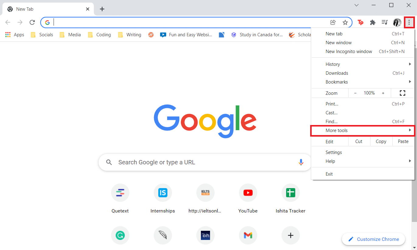 Starten Sie Chrome und wählen Sie „Weitere Tools“ aus dem Aktionsmenü