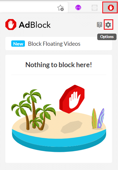 Adblock 확장 프로그램에서 톱니바퀴 아이콘을 클릭합니다.