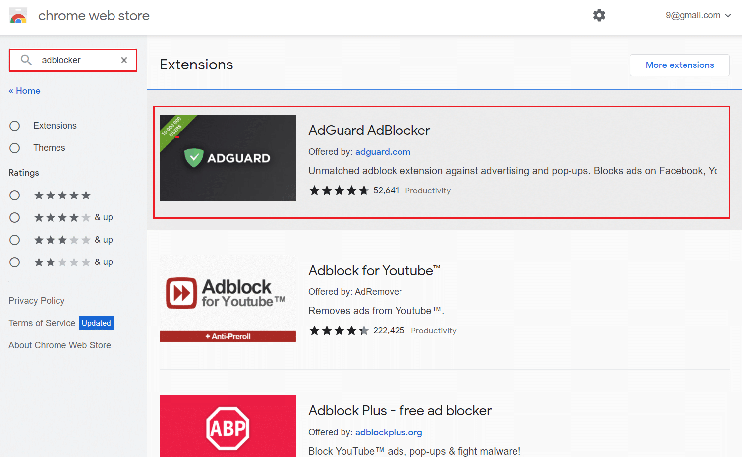 ابحث عن adblocker في متجر Chrome الإلكتروني