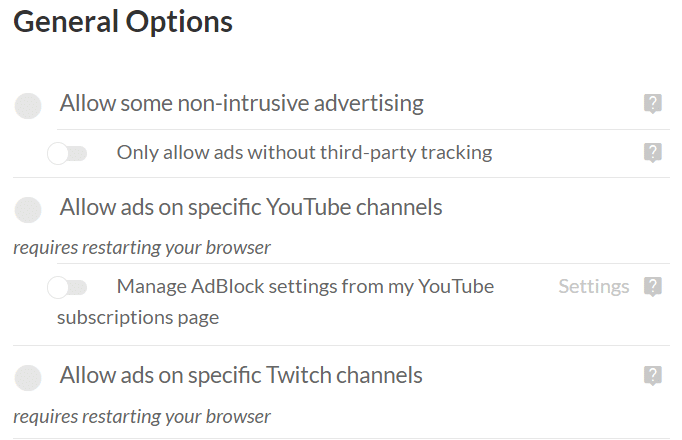 خيارات للسماح بالإعلانات على مواقع محددة. إصلاح AdBlock لا يعمل على Twitch