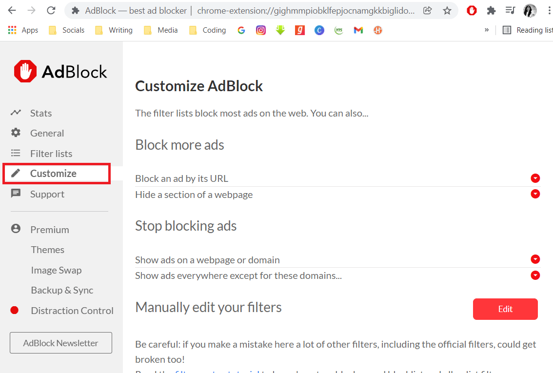 Wählen Sie Anpassen aus. Beheben Sie, dass AdBlock auf Twitch nicht funktioniert