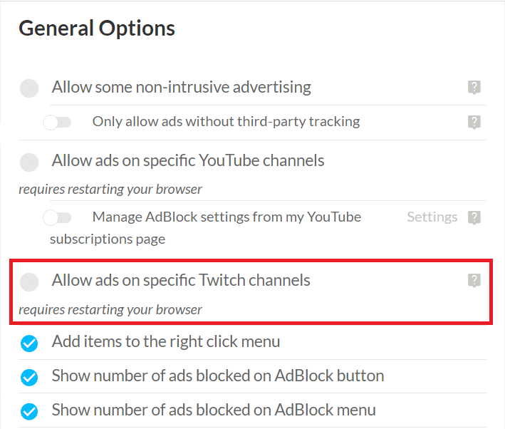 Cari opsi Izinkan iklan di saluran Twitch tertentu dan hapus centang | Perbaiki Adblock Tidak Bekerja Pada Twitch