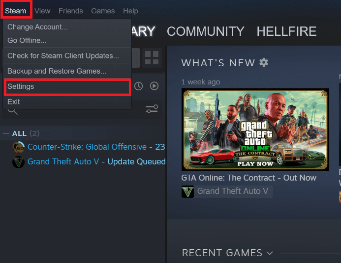 คลิกที่แท็บ Steam และเลือกการตั้งค่า แก้ไข Steam ช้า