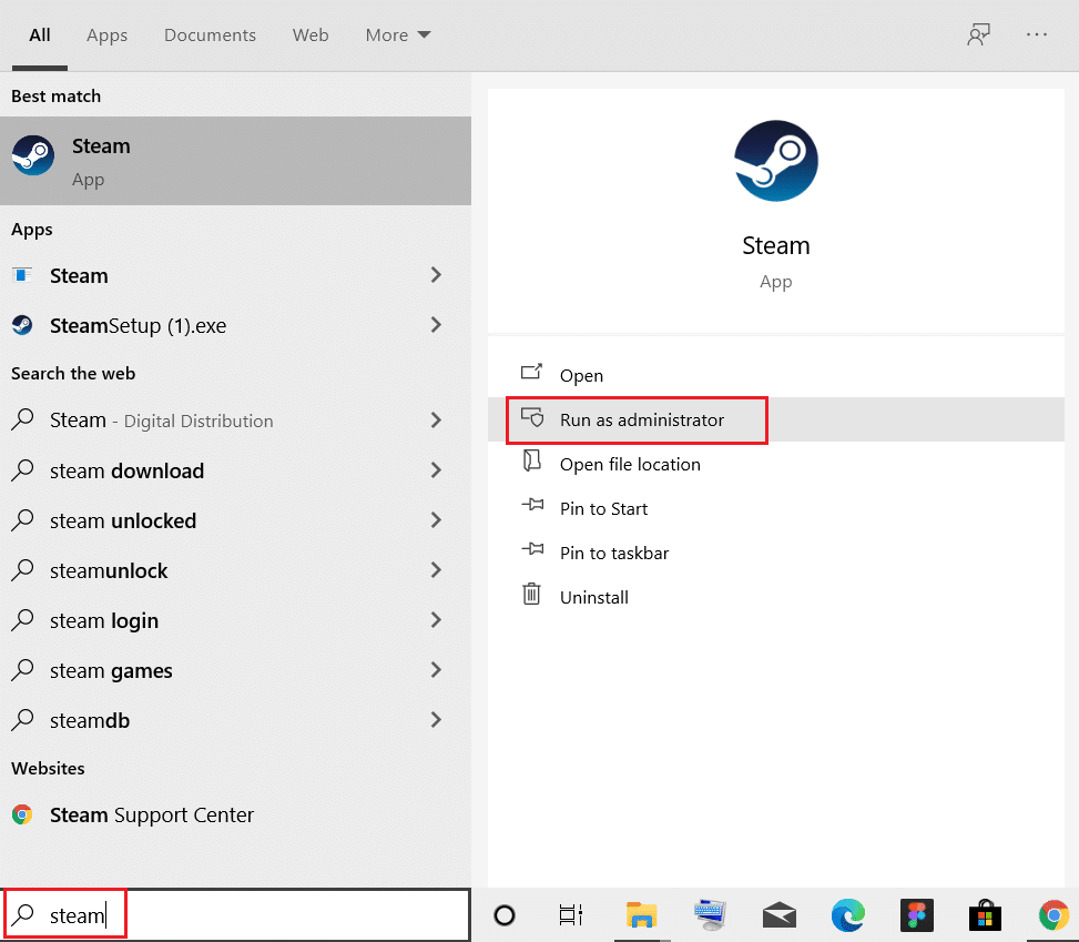 cari steam dan pilih run as administrator