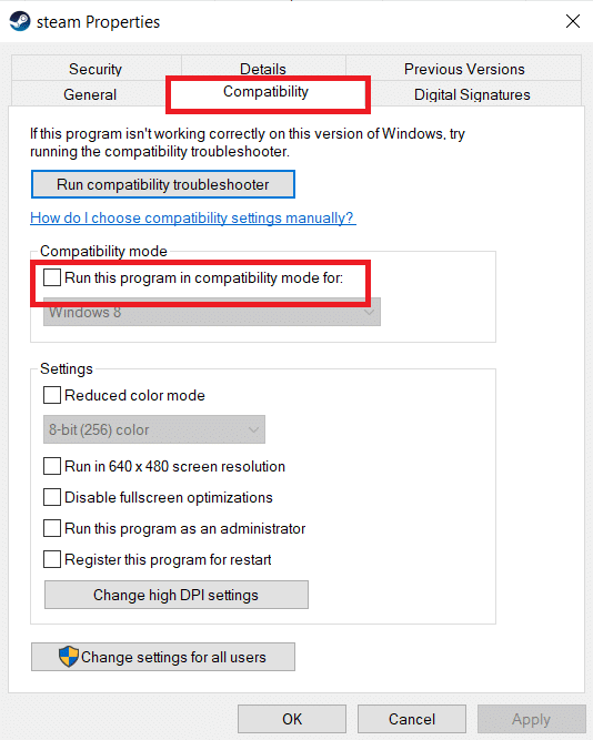 เลือกแท็บความเข้ากันได้ในคุณสมบัติของ Steam และทำเครื่องหมายที่ตัวเลือกเรียกใช้โปรแกรมนี้ในโหมดความเข้ากันได้ แก้ไข Steam ช้า
