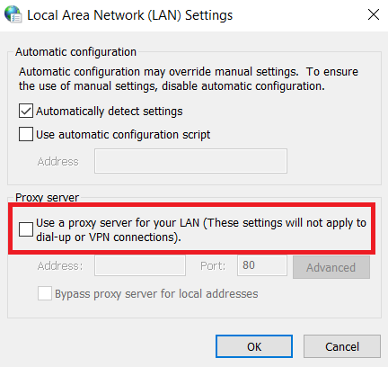 Hapus centang pada kotak di sebelah Gunakan server proxy untuk LAN Anda. Perbaiki Steam Lambat
