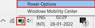 คลิกขวาที่ไอคอนแบตเตอรีบนทาสก์บาร์แล้วเลือก Power Options