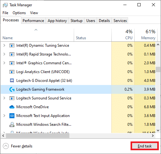 เลือกกระบวนการและคลิกที่ End task ใน Task Manager