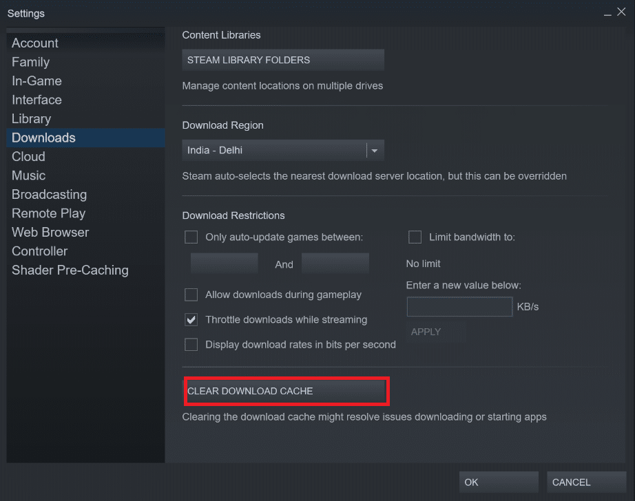 tekan opsi Hapus Cache Unduhan. Perbaiki Steam Lambat