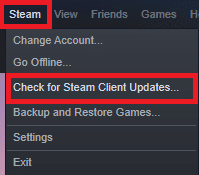 現在，點擊 Steam，然後點擊 Check for Steam Client Updates。修復 Steam 速度慢