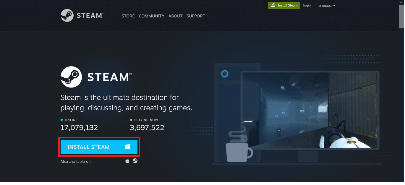 คลิก INSTALL STEAM เพื่อดาวน์โหลดไฟล์การติดตั้ง