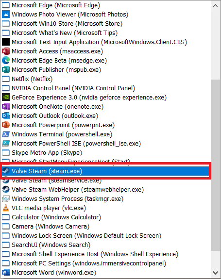 Wählen Sie Valve Steam aus der Liste.