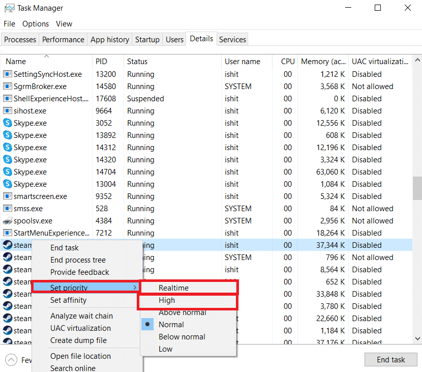 คลิกขวาที่ Set Priority และเลือก Realtime หรือ High แก้ไข Steam ช้า