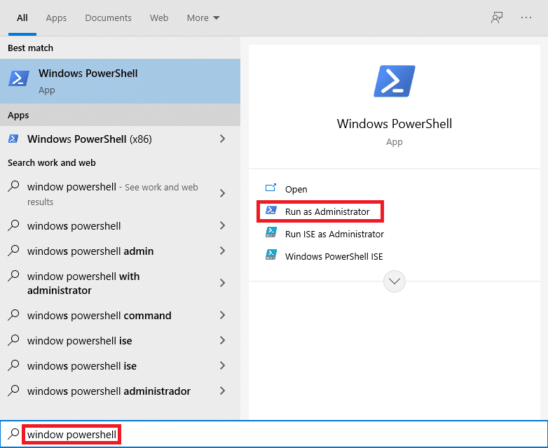 Startmenü-Suchergebnisse für Windows PowerShell