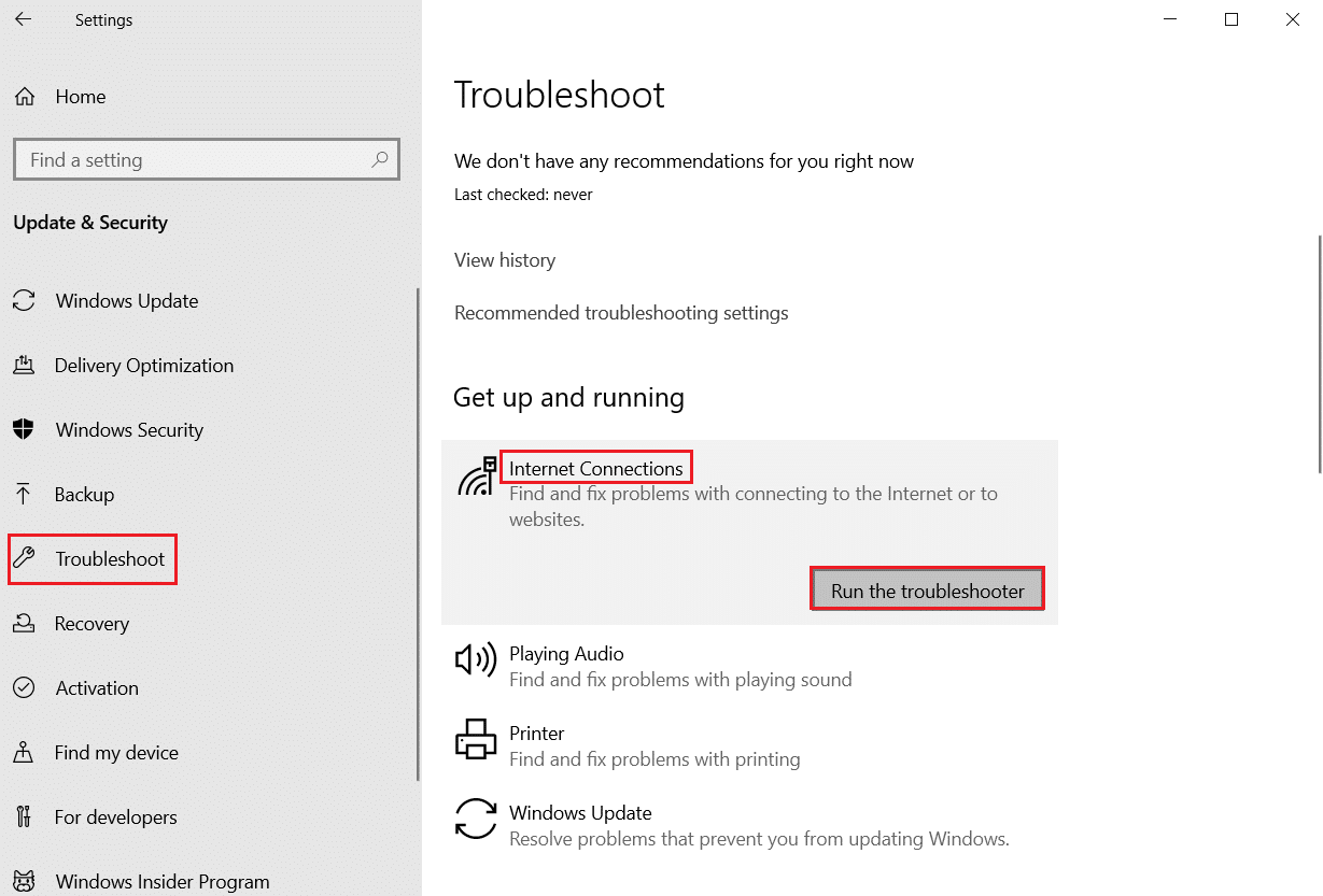 execute o solucionador de problemas para conexões com a Internet nas configurações de solução de problemas