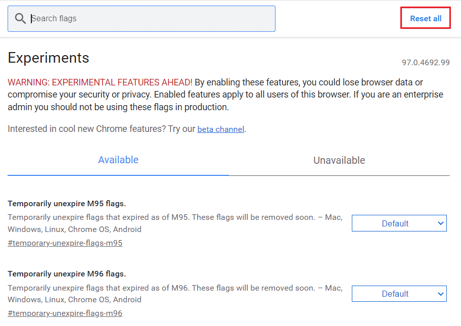 faceți clic pe butonul Reset all din pagina chrome flags