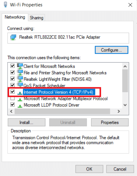 Bifați caseta pentru Protocolul Internet versiunea 4. Remediați Twitch nu funcționează pe Chrome