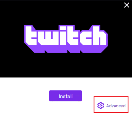 нажмите «Дополнительно» в установщике клиента Twitch Desktop.